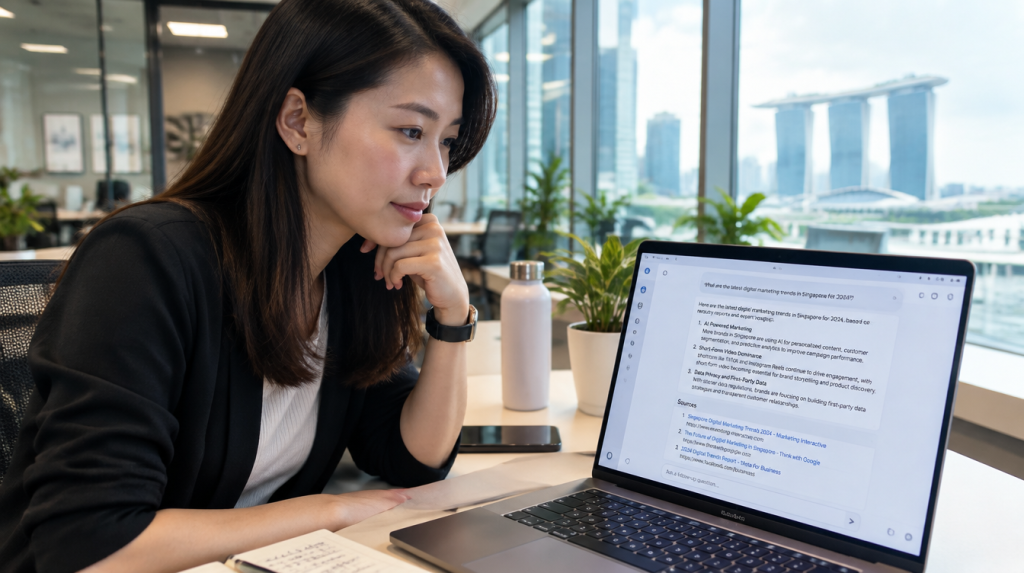 Singapore AI search strategist reviewing an AI browser session on a laptop