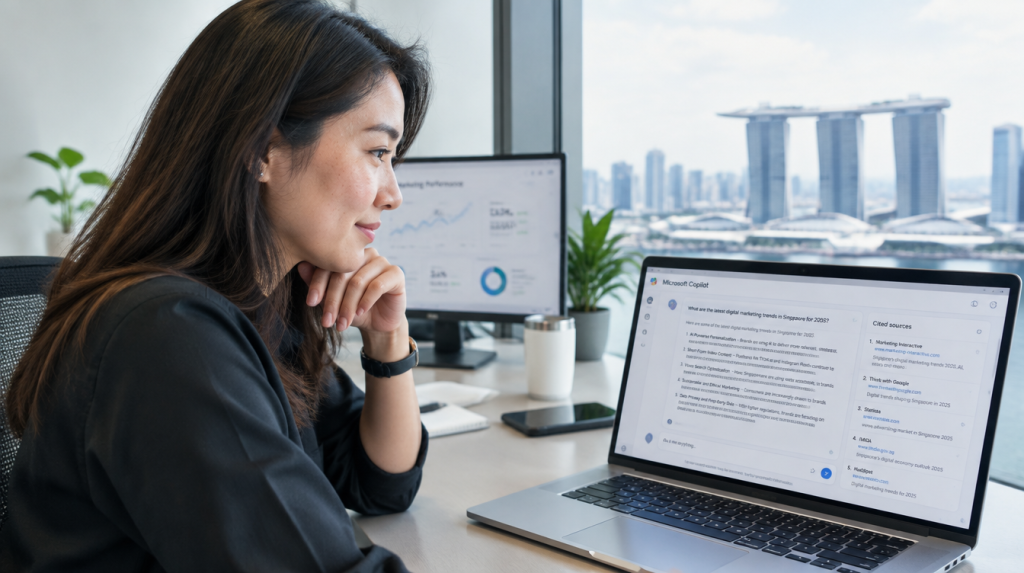 Singapore marketing strategist reviewing Microsoft Copilot AI search citations