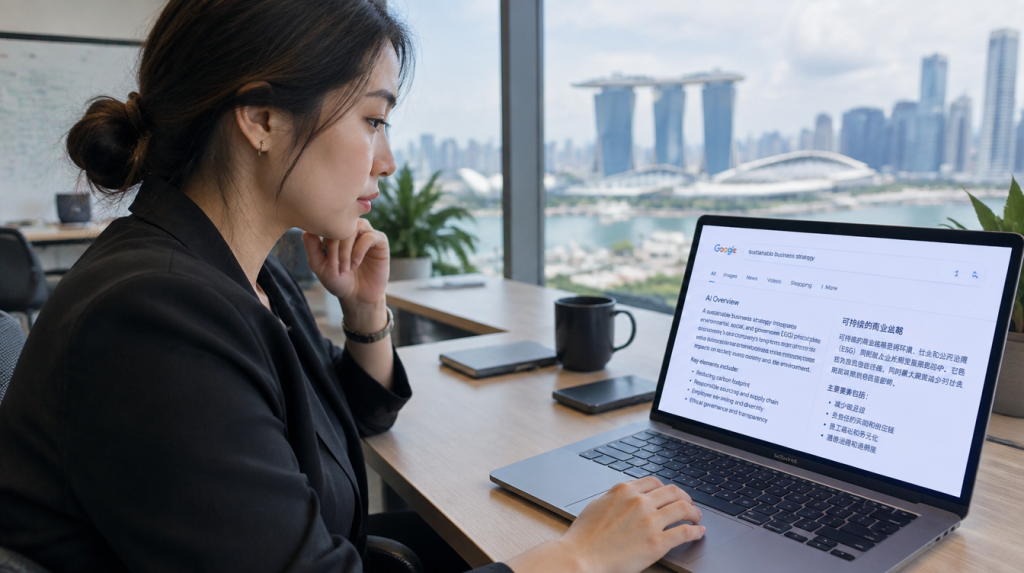 Asian strategist in a Singapore office reviewing a multilingual Google AI Overview result on a laptop screen