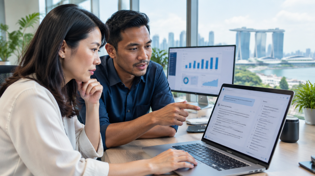 Asian marketing strategists reviewing Perplexity AI citations and visibility dashboards in a Singapore office