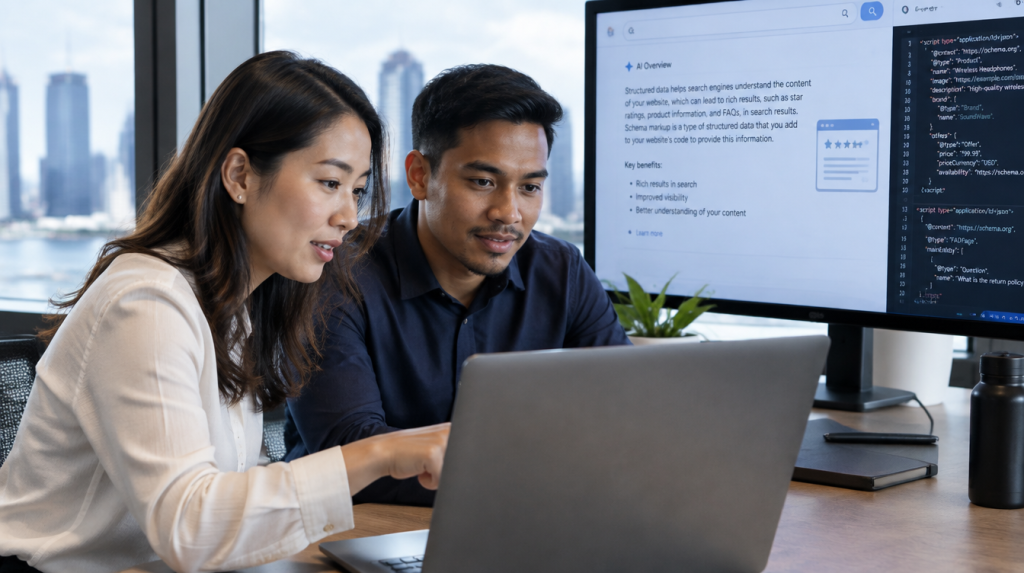 Singapore AI search strategist reviewing structured data and schema markup on a laptop