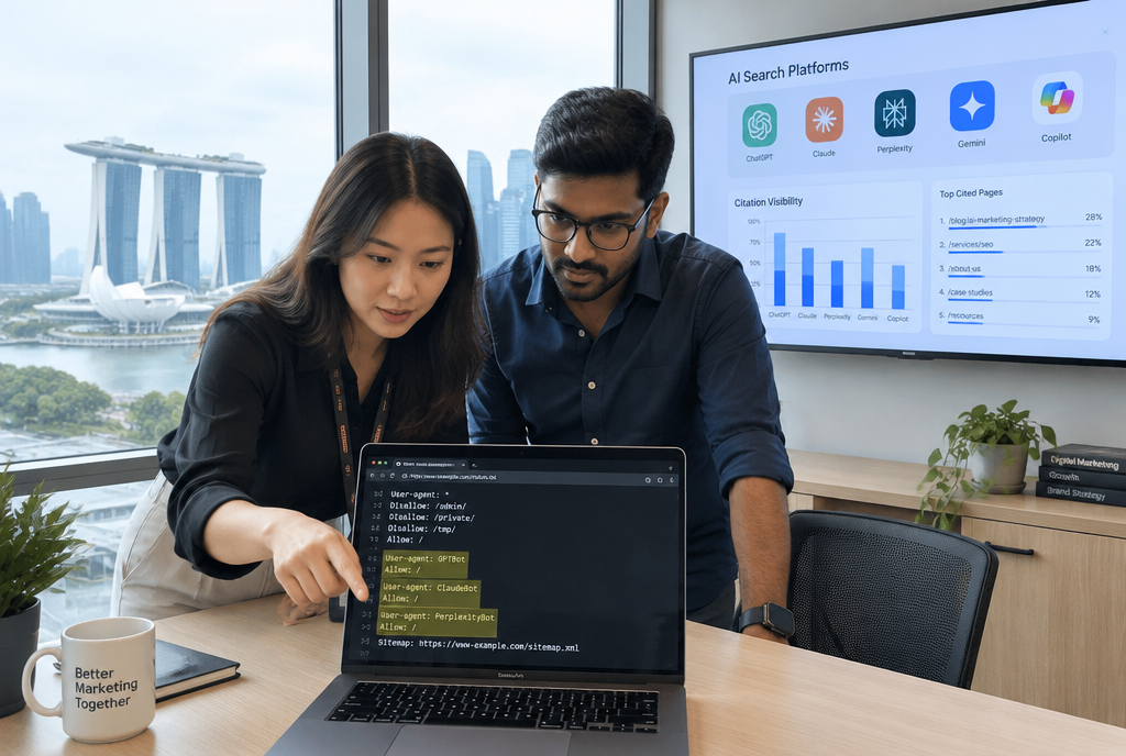 Singapore marketing team reviewing AI crawler access in a website's robots.txt file