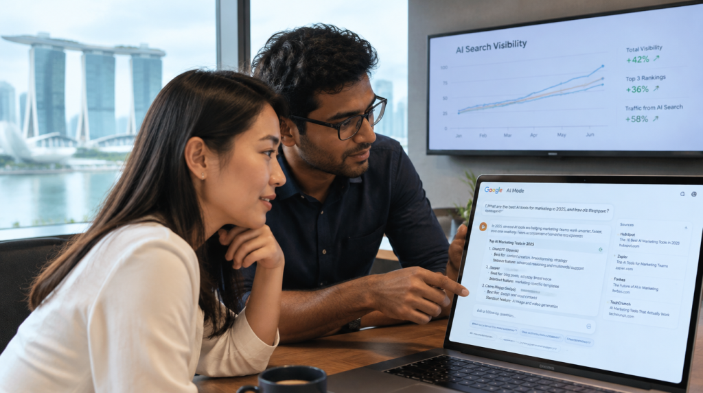 Singapore professionals reviewing a Google AI Mode search result on a laptop