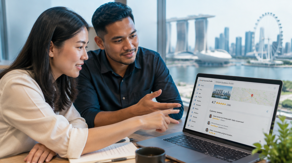 Singapore business owners reviewing a Google Business Profile dashboard