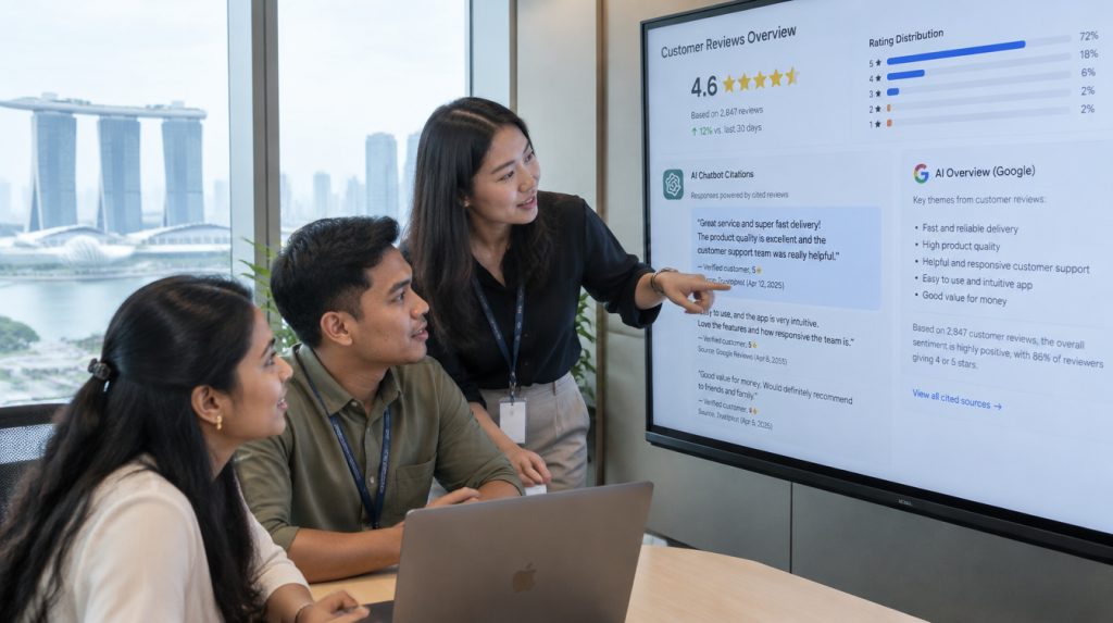 Singapore marketing team reviewing AI search citation and review signals on an office dashboard