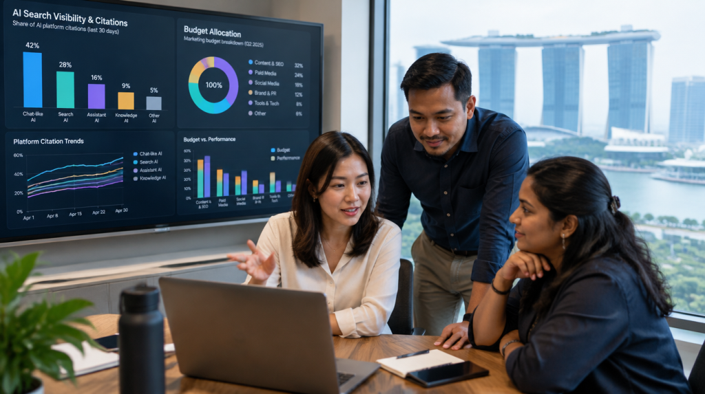 Singapore marketing team reviewing AI search visibility and budget dashboards